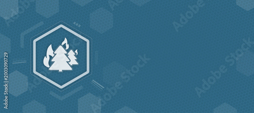Abstract digital background with a hexagonal icon representing forest fire disaster, environmental catastrophe, woodland blaze concept, and ecological emergency warning sign