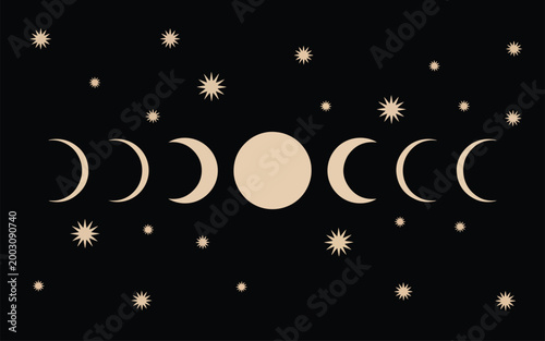 Beige moon phases and scattered stars arranged horizontally on a solid black background