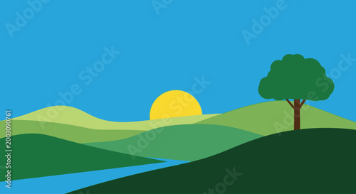 Stylized summer landscape with rolling hills and a bright sun