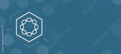 Abstract technology header with circular chain links icon on digital blue hexagonal grid background for cryptocurrency blockchain decentralized network and web concepts