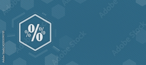 Header background with a percent symbol on a blue tech background with digital pattern for financial interest rate, discount, tax, economy, investment, or sale concept