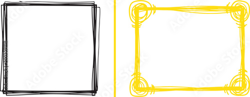Set of hand drawn scribbled square frames in black and yellow vector illustration isolated on white background