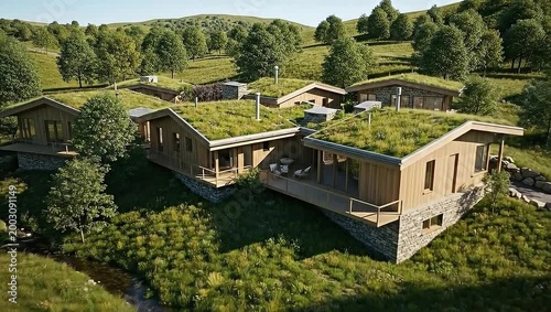 Eco-friendly modern houses with green roofs nestled in a lush forest landscape.