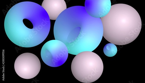 Abstract composition of colorful spheres and toroids on black background.