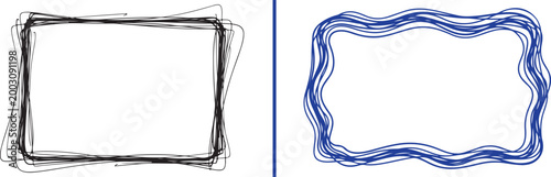 Set of hand drawn scribbled rectangular frames in black and blue vector illustration isolated on white background