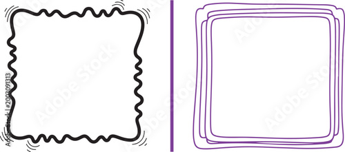 Hand drawn wavy black and layered purple square frames illustration isolated on white background