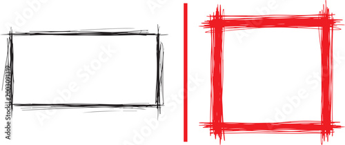 Set of black and red sketchy hand-drawn rectangular and square frames isolated on white background