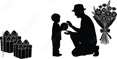 Father's Day silhouette illustration with father and son with gifts.