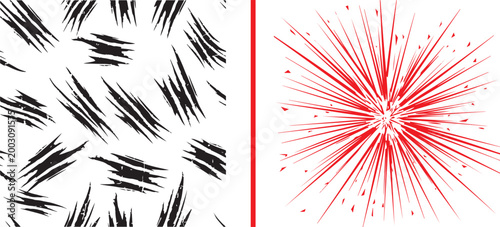 Black claw marks pattern and red radial explosion starburst vector illustration isolated on white background