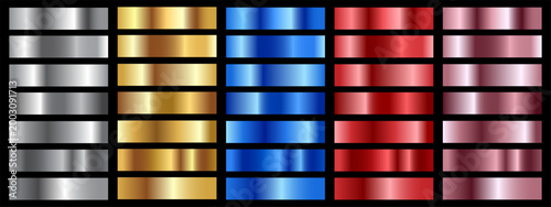 Set of shiny metallic gradient swatches arranged in columns of silver, gold, blue, red, and rose gold