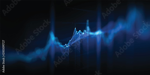 An abstract blue background featuring digital data lines and a pulse wave design represents modern technology and finance growth
