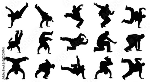 Dynamic breakdancing silhouettes a collection of energetic poses and urban dance movements