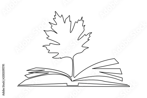 Open book with growing leaf one line art education symbol outline vector illustration