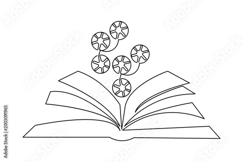 Technology education concept open book with gear plant one line vector illustration