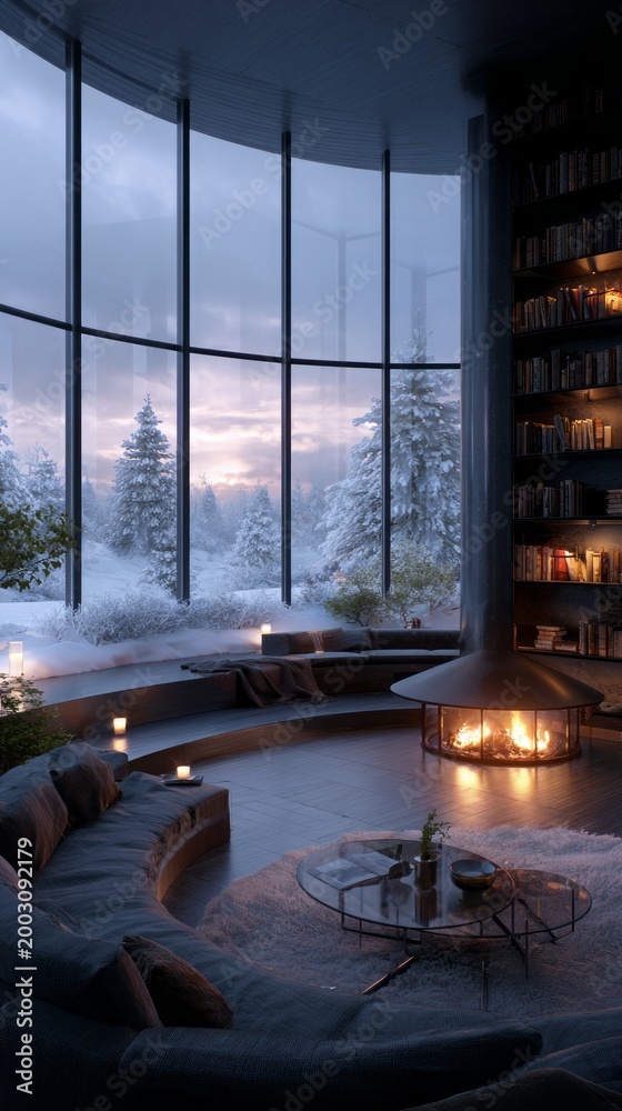 Fototapeta premium A sophisticated living space features sleek furniture and soft lighting. Floor-to-ceiling windows reveal a snowy landscape, enhancing the cozy atmosphere. The fireplace adds warmth and charm