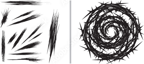 Set of black ink brush strokes and circular thorn spiral vector illustration isolated on white background