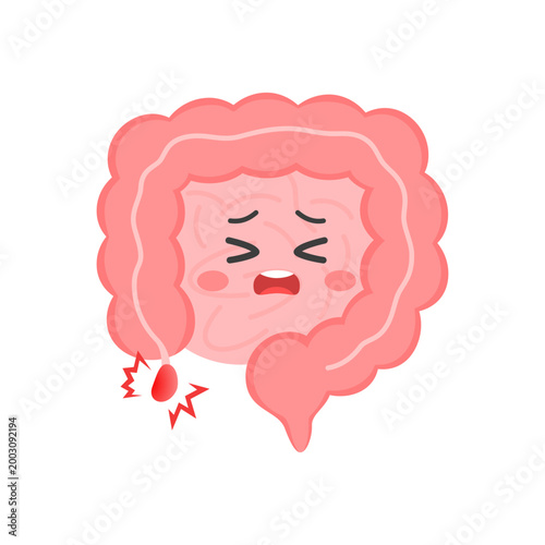 Cute sad intestine character with inflamed appendix. Abdominal pain, appendicitis, digestive system illness concept. Modern flat cartoon vector illustration