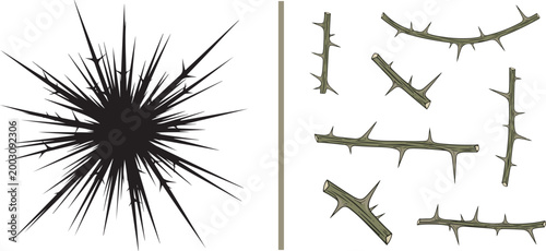 Set of thorny branch segments and sharp black spike starburst vector illustration isolated on white background