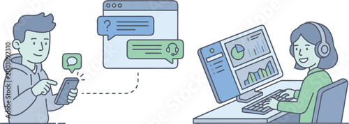 Two people communicate through digital chat while one works on a computer with graphs.