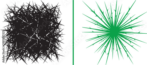 Abstract black thorny cluster and green prickly radial burst vector illustration isolated on white background