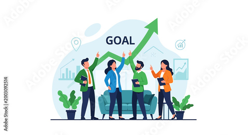 Team celebrating achieving business growth goal with upward arrow.