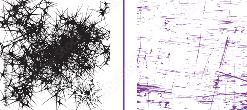 Set of abstract black ink splatter and purple scratched grunge textures vector isolated on white background
