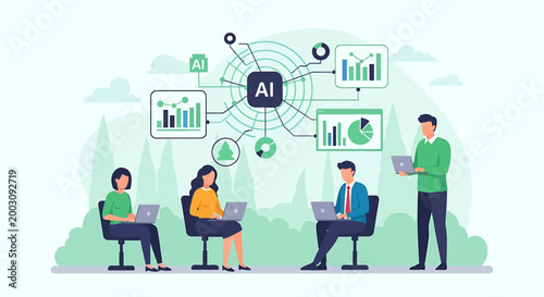 Team collaborating on artificial intelligence data analysis project.