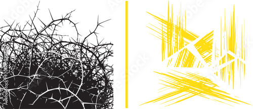 Black thorn thicket silhouette and yellow abstract geometric shapes vector isolated on white background