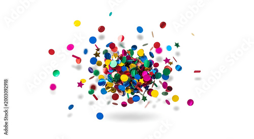 A vibrant explosion of colorful confetti and stars on a white background