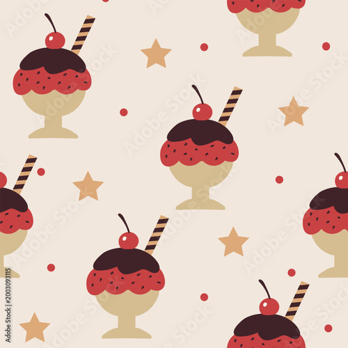 Seamless pattern with ice cream sundaes, chocolate sauce, and cherries on beige background. Sweet summer dessert vector illustration with stars and polka dots in flat style.