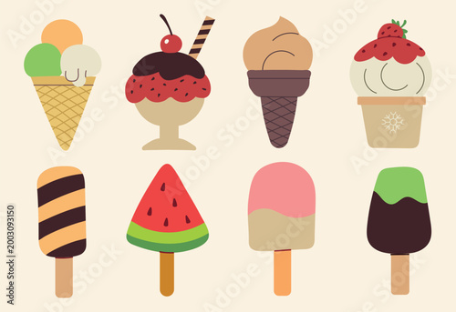 Vector set of various ice cream icons isolated on light background. Collection of frozen desserts including cones, popsicles, sundaes, and watermelon ice cream in flat design style.