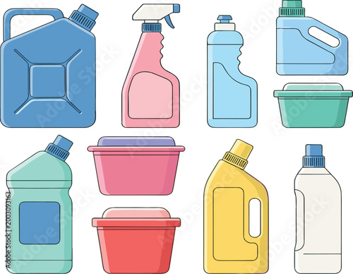 Cleaning products containers set with detergent bottles, spray and plastic boxes, household supplies in colorful flat vector style for hygiene, sanitation, and home care design