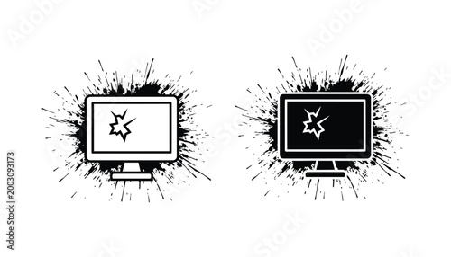 Broken computer monitor screen with ink splash effect as conceptual vector illustration for tech failure and digital crisis