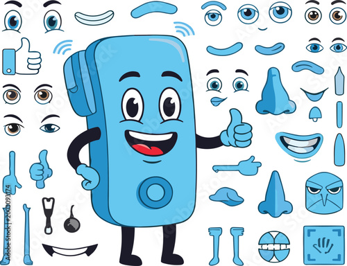 Cartoon smartphone mascot with editable facial expressions and body parts set, customizable character elements in flat vector style for animation, UI design, and creative projects
