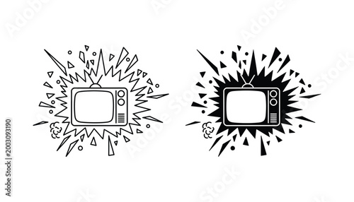 Vintage television set exploding with debris as retro media concept vector illustration for broadcast and news graphic design
