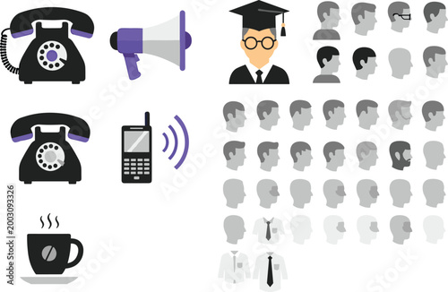 Communication and people icons set with phone, megaphone, mobile signal, avatars and profiles, flat vector illustration for contact, networking, and business design