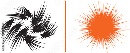 Abstract black swirl and orange sunburst vector illustration isolated on white background