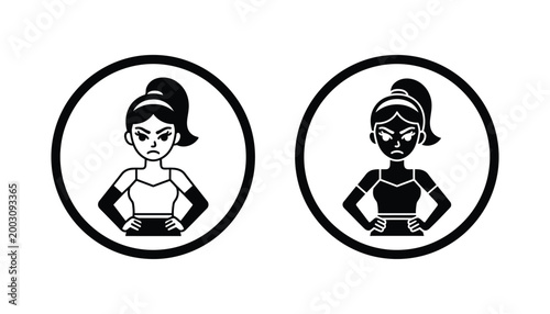 Angry young woman with ponytail and hands on hips vector illustration for character design and emotion