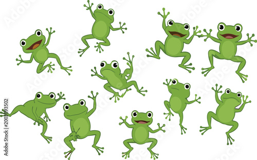 Cute cartoon frog characters set with different poses and expressions, green amphibians in playful flat vector style for kids design, wildlife themes, and nature illustration