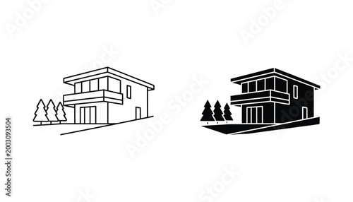 Modern residential house architecture icon set featuring luxury home building silhouette stylized as clean vector graphic for real estate branding property development or construction services