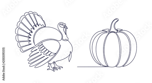 Continuous one line drawing of a turkey and pumpkin for Thanksgiving harvest season celebration.