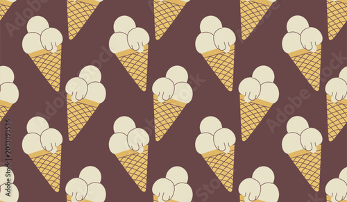 Seamless pattern with vanilla ice cream cones on a chocolate brown background. Flat vector illustration of summer frozen dairy dessert for textile, wallpaper, and packaging.