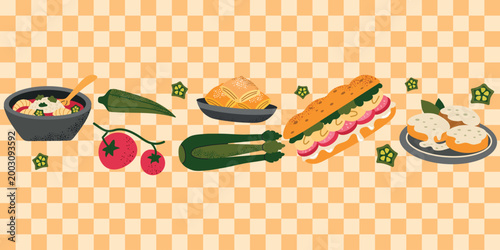 Cajun and Creole food set with gumbo, po'boy sandwich, jambalaya, and okra on checkered background. Traditional Louisiana cuisine vector illustration in flat style.