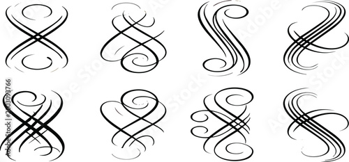 Elegant ornamental swirl elements set with decorative flourishes and calligraphic lines, vintage style vector collection for design, invitations, branding, and artistic typography
