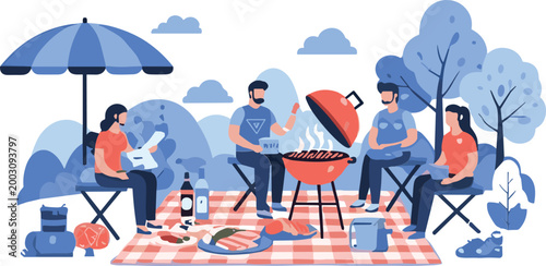 Friends having barbecue picnic in park with grill, food and drinks, outdoor leisure and social gathering concept in flat vector illustration for summer lifestyle design
