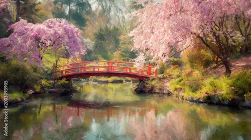 sunlit Japanese garden with blooming cherry trees reflected in a quiet pond
