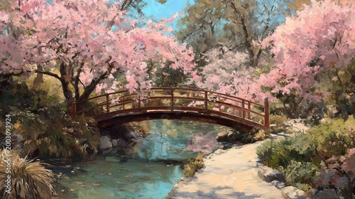 sunlit Japanese garden with blooming cherry trees reflected in a quiet pond