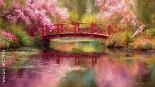 sunlit Japanese garden with blooming cherry trees reflected in a quiet pond