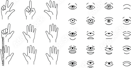 Hand gestures and eye expressions outline icons set, human body language elements in minimal flat vector style for communication, signs, and visual emotion design