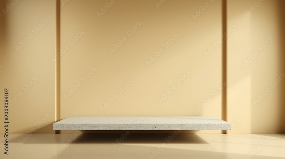 Fototapeta premium Minimalist display platform against warm beige wall. Soft lighting creates subtle shadows, emphasizing clean lines, modern aesthetic.